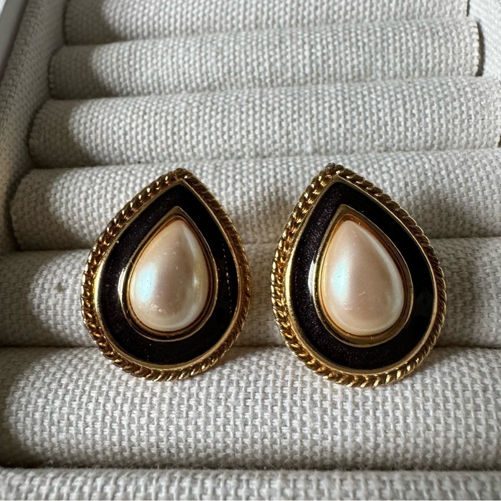 Vintage Monet Faux Pearl Enamel Clip on Earrings Tear Drop